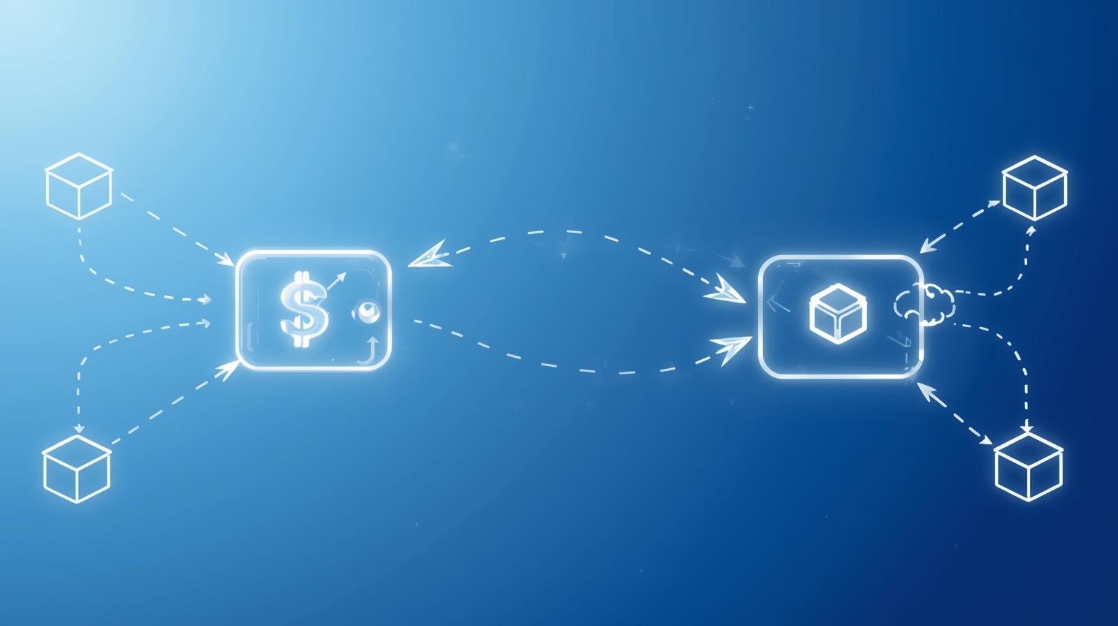 Illustration showing digital value moving from one wallet to another across a blockchain, connected blocks and arrows, modern vector illustration, blue gradient background, simple and educational